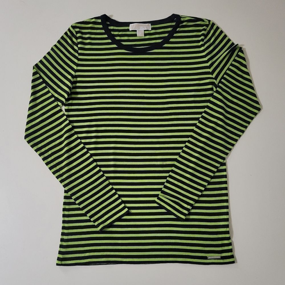 Michael Kors Women's Black Green Crew Striped Long Sleeve Shirt